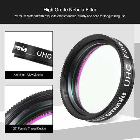 High-grade UHC Nebula Filter 1.25 Inch for telescopes, aluminum alloy, boosts image contrast and cuts light pollution