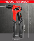 Pop Rivet Gun Kit With 200 Blind Rivets, Upgraded Manual Single Hand Riveter with dimensions shown on textured background.