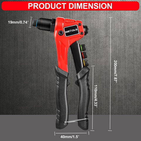 Pop Rivet Gun Kit With 200 Blind Rivets, Upgraded Manual Single Hand Riveter with dimensions shown on textured background.