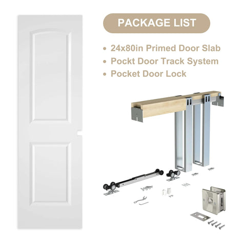 Smooth Sliding Pocket Door Kit 24x80 With Raised 2 Panel Arch Top White Primed Door Slab Includes Track Hardware Frame Kit And Privacy Latch Soft Close Mechanism Durable And Quiet Interior Door Upgrade For DIY Home Projects package contents