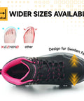 Top view of pink waterproof steel toe boots for women, wide width, non-slip work shoes with slip resistant soles, lightweight.
