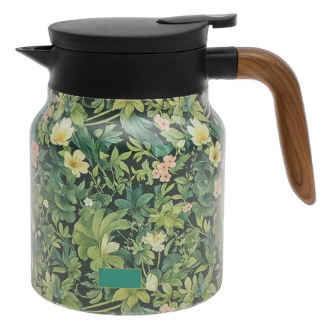 Large Capacity 1000ml Thermal Coffee Carafe And Insulated Tea Pot with floral green pattern, stainless steel interior, and wooden handle.