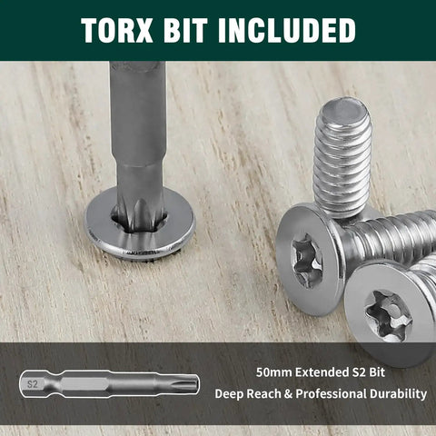 Built Different 304 Stainless Steel Security Torx Screws In Flat Head Design With 100 Pack for use with S2 driver bit and durability.