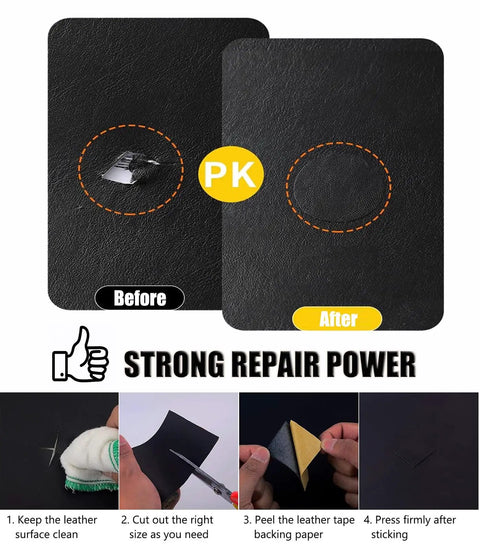 Lychee Grain PU Leather Patch Self Stick Repair for sofas, chairs, car seats, and furniture shown before and after application