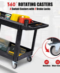 Heavy Duty Rolling Utility Cart Two Tier Service Cart With Wheels Ergonomic Handle 550 Lbs Capacity Plastic Tool Cart For Warehouse Garage Workshop And Kitchen Durable HDPE Trolley 40.5x17.7 Inches, black two-tier cart with swivel brake casters
