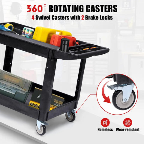 Heavy Duty Rolling Utility Cart Two Tier Service Cart With Wheels Ergonomic Handle 550 Lbs Capacity Plastic Tool Cart For Warehouse Garage Workshop And Kitchen Durable HDPE Trolley 40.5x17.7 Inches, black two-tier cart with swivel brake casters