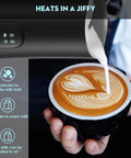 4-In-1 Electric Milk Frother And Steamer With 11.8oz 350ml Capacity pouring milk into coffee with latte art