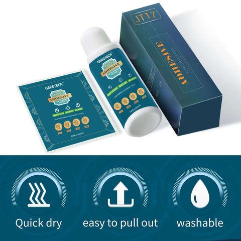 Strong Bed Adhesive Glue 150ml for 3D Printing on PLA PETG TPU ABS, includes bottle, packaging, and features of quick-dry, washable.