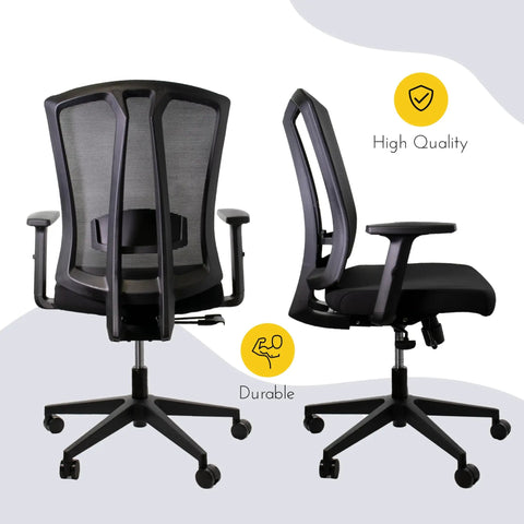 Ergonomic task chair with mesh back and padded seat for comfort, part of Rock-Solid Modular Office Cubicle Kit Features 7 Smart Layouts.