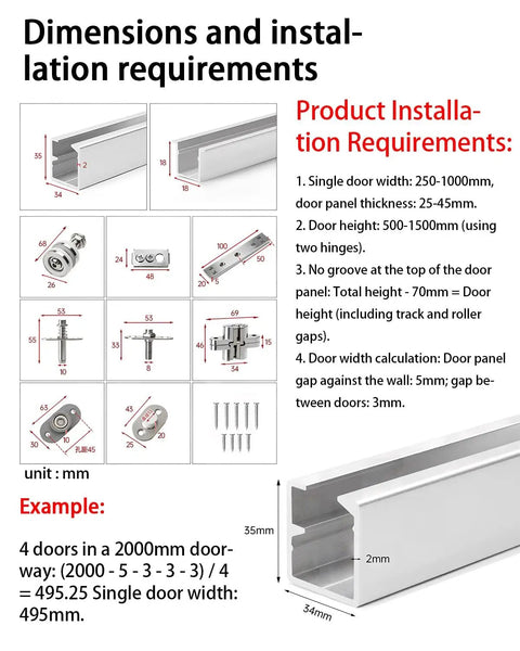 Heavy Duty Bifold Sliding Door Hardware Kit For Closets Features Smooth Glide Rollers Plus 3mm Aluminum Rails Supporting 150kg Max Load close-up dimensions