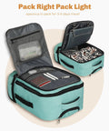 Hynes Eagle 42L mint green rolling backpack, opened to reveal mesh organizer and laptop compartment