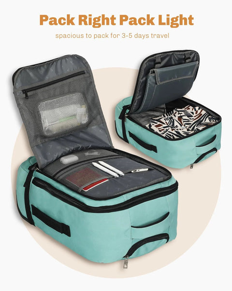 Hynes Eagle 42L mint green rolling backpack, opened to reveal mesh organizer and laptop compartment