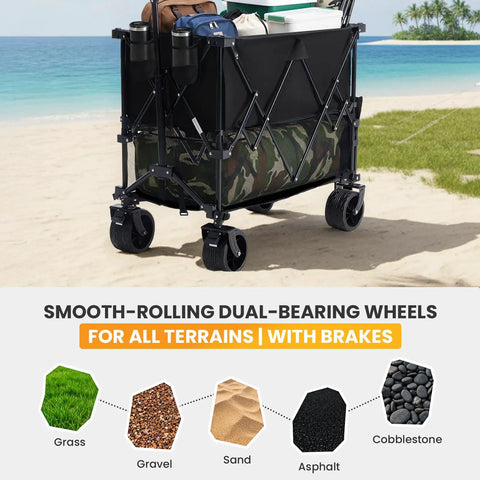 Heavy Duty Double Decker Folding Wagon With Brakes, 440 Lb Capacity, 400L Storage, Foldable Cart, All Terrain Wheels on Sand