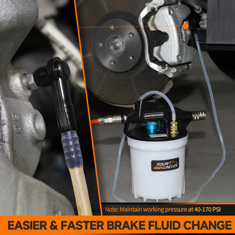 Brake Bleeder Vacuum Pump Kit For One Person Operation connected to brake system with pneumatic brake fluid extractor and reservoir