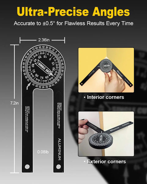 Hella Tough CNC Machined Aluminum Miter Saw Protractor And Rapid Angle Finder With Laser Engraved Scales, 7.2 inch tool for precise angles.
