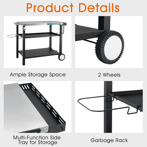 Outdoor Stainless Steel Grill Table 34 Inch Long By 20 Inch Wide With Magnetic Tool Holder Wheels Hooks Side Tray And Handle
