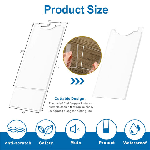Clear Acrylic Couch Wall Spacer And Bed Blocker Stops Furniture Scrapes Keeps Heaters Cool Preserves Outlet Access Built Tough No Sweat Setup Invisible Wall Guard Anti Scratch Two Pack dimensions showing cuttable design features for versatile use.