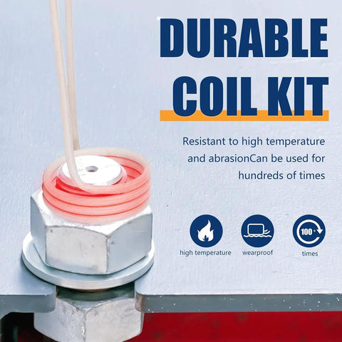 Eight Coil Induction Heater Kit With Flexible Heat Resistant Coils on a metal bolt demonstrating durability and usability.