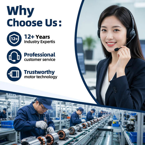Why Choose Us banner with headset support agent and motor assembly line; Half HP PSC Blower Motor Replacement, 1075 RPM, 3 Speed, 115V, 48 Frame Direct Drive for Furnace HVAC AC, Reversible CW CCW, Includes 10uF 370V Capacitor and Auto Thermal Protection