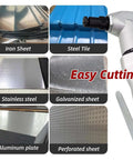 Beefy Pneumatic Sheet Metal Cutter Handheld Air Nibbler cuts iron, steel, stainless steel, and more with ease, showcasing cutting versatility.