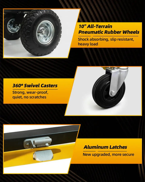 4 In 1 Convertible Hand Truck With 1000 Lb Capacity Dolly Cart And Wheels, Built Tough Heavy Duty Steel Frame For Moving Furniture And Boxes, Easy Load Transfer, Portable Mobility, And Versatile All Purpose Use, 10-inch tire and swivel caster detail