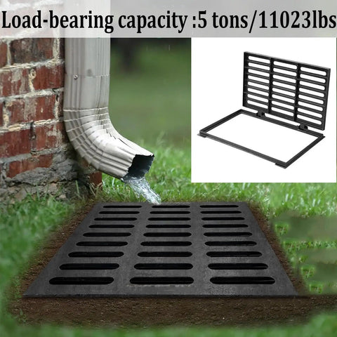Heavy Duty Outdoor Trench Drainage Kit With 304 Stainless Steel Channel Drain For Driveways Paths Lawns And Courtyards Built To Move Water Fast And Keep Debris From Clogging shown with black grate installed under gutter