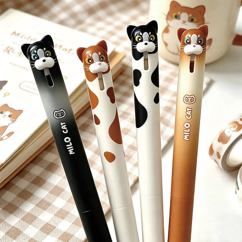 4 Pack Cute Cat Gel Pens Retractable 0.5mm Black Ink Writing Pens For Kids Teens Students And Grownups, Kawaii Kitten Cartoon Pen Set