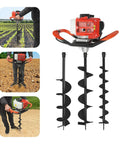 Gas Powered Post Hole Digger With 2.3HP Engine Earth Auger Kit displayed with 3 drill bits and handle in various outdoor settings.