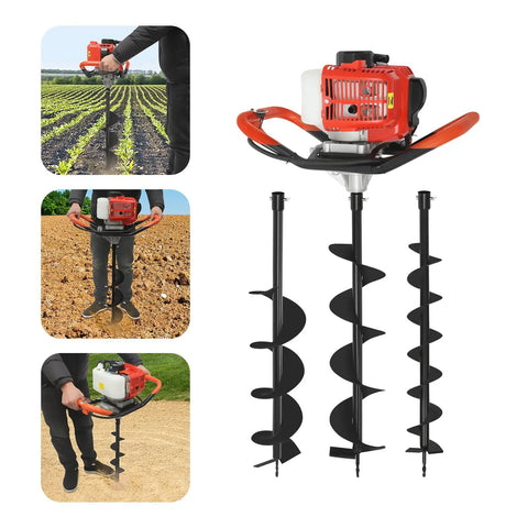 Gas Powered Post Hole Digger With 2.3HP Engine Earth Auger Kit displayed with 3 drill bits and handle in various outdoor settings.