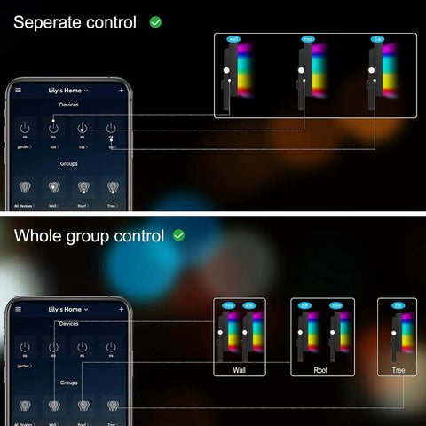 App interface for RGB Wall Washer Lights 42W RGBCW Smart App Controlled Waterproof LED Light Bar showing separate and group control options