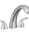 Treviso Widespread Roman Tub Faucet in Brushed Satin Nickel with winged two lever handles, side view displaying sleek design.
