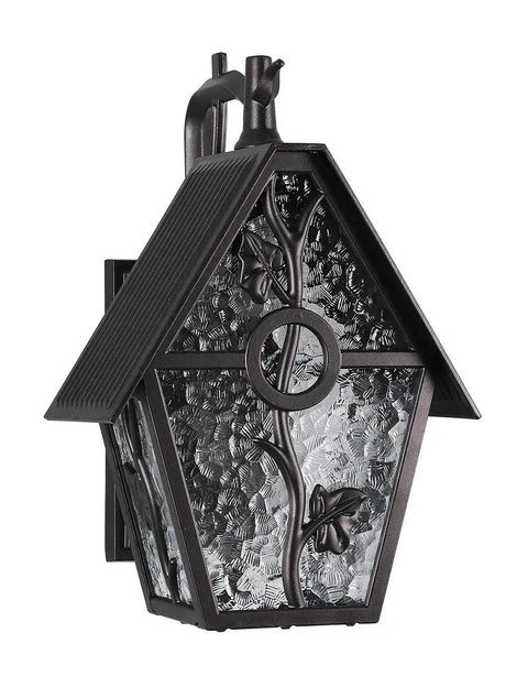 Rustic Outdoor Wall Lanterns With Water Glass Panels in oil-rubbed brown, exterior sconce lighting for patio or porch, side view