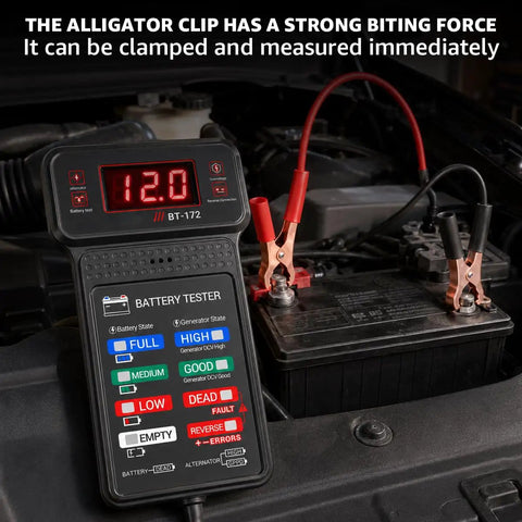 Heavy Duty 12V Automotive Battery Tester Featuring Slick Digital Readouts And Straight Shooter Diagnostics for easy measurement on car battery.