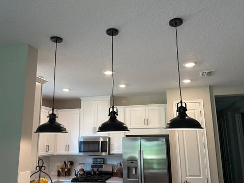 Three Pack Industrial Pendant Lights Black Metal Finish in modern kitchen, vintage chandelier for farmhouse decor, fully dimmable