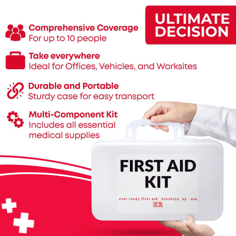 Front view of a white plastic first aid kit labeled FIRST AID KIT, held by hand.