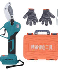 Electric PVC Pipe Cutter Tool Cordless with Brushless Motor, gloves, and orange carrying case; for PVC PPR cutting.