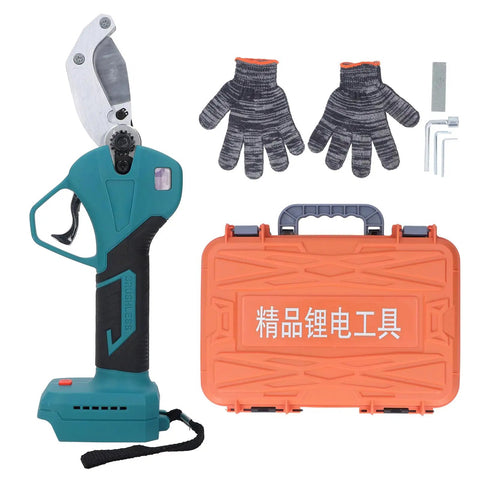 Electric PVC Pipe Cutter Tool Cordless with Brushless Motor, gloves, and orange carrying case; for PVC PPR cutting.