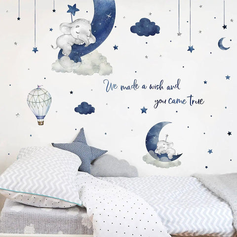 Watercolor Blue Grey Sleeping Elephant Wall Decals For Nursery And Kids Room With Moon Star Cloud Stickers And Hot Air Balloon Decor