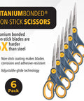 Six grey and yellow 8-inch nonstick titanium scissors with Glide Adjust Technology, for cutting tape and adhesives, six pack.