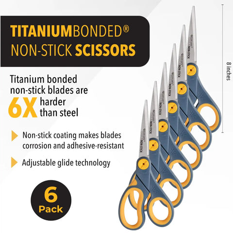 Six grey and yellow 8-inch nonstick titanium scissors with Glide Adjust Technology, for cutting tape and adhesives, six pack.