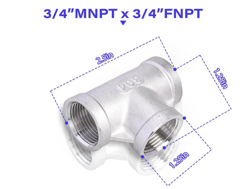 Three Quarter Inch NPT Tee Stainless Steel 304 Female Pipe Fitting, Three Way Cast Hose Fitting For Gas Oil Water Lines, Pack Of Two.