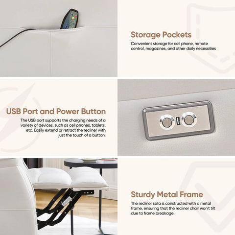 Power Adjustable Faux Leather Recliner Chair For Adults With Massage And Heat, showcasing storage pockets, USB port, and metal frame