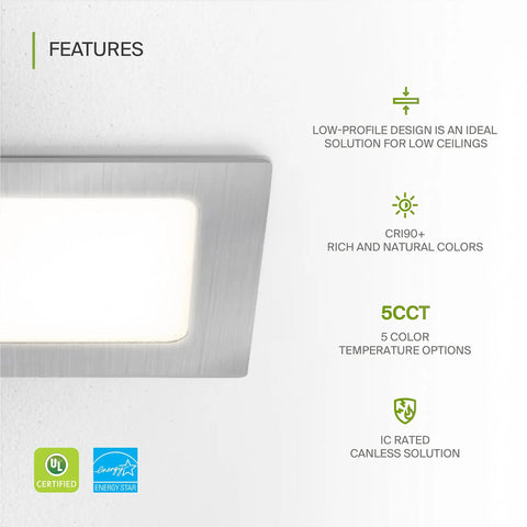 Features of Six Pack 4 Inch LED Recessed Square Downlights With J Box Ultra Thin Canless Wafer 5 CCT 2700K To 5000K 12W 50W Eqv