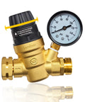 Front view of brass LANDNOR RV water pressure regulator with gauge and adjustable knob