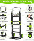 Diagram of 3-In-1 Folding Hand Truck Dolly With Retractable Handle And Four Wheels, showing key features and parts.