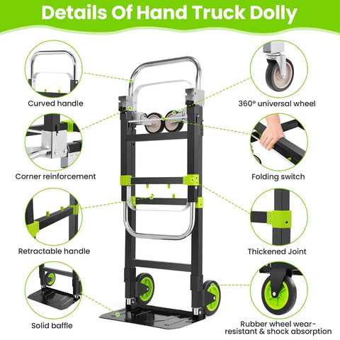 Diagram of 3-In-1 Folding Hand Truck Dolly With Retractable Handle And Four Wheels, showing key features and parts.