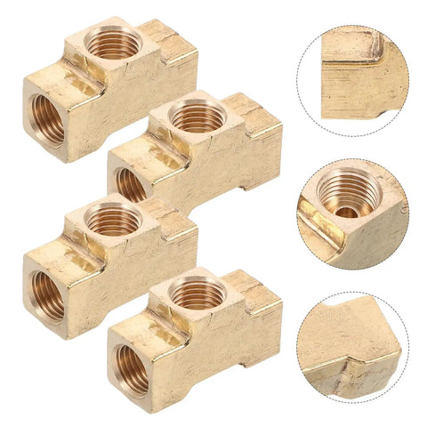Brass Pneumatic Tee Fittings Block Shape Set 4 Pieces with precision threads and copper connectors, detailed view.
