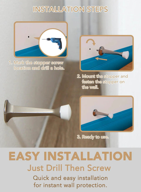 Installation steps for 5 Pack 3 Inch Heavy Duty Solid Door Stop With Zinc Die Cast Body And Soft Bumper Tips Silver Finish