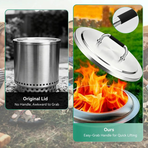 Side-by-side comparison showing original lid and Beefy Round 19.7 Inch Fire Pit Lid With 304 Stainless Steel Build And Heat Resistant Handle.