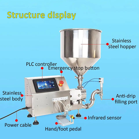 No Fuss Solid Build Single Head Stainless Steel Liquid And Paste Filling Machine Featuring Digital LCD Screen Anti Drip Spout showcasing stainless steel hopper and PLC controller.